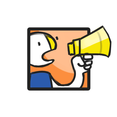icona illustrata comunicazione, con un omino che parla in un megafono