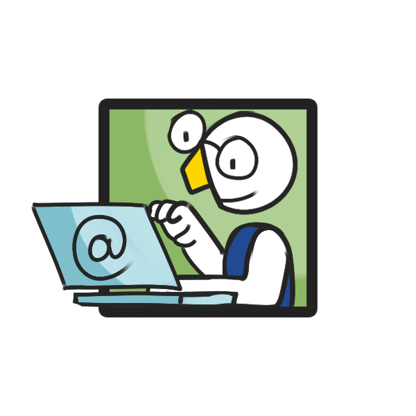icona illustrata IT e web, un omino con gli occhiali lavora al computer